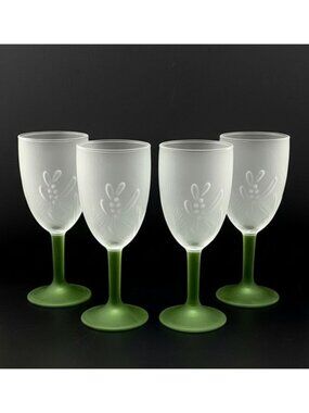 Set Of 4 Pfaltzgraff Winterwood Frosted Goblets With Green Stem & embossed flora